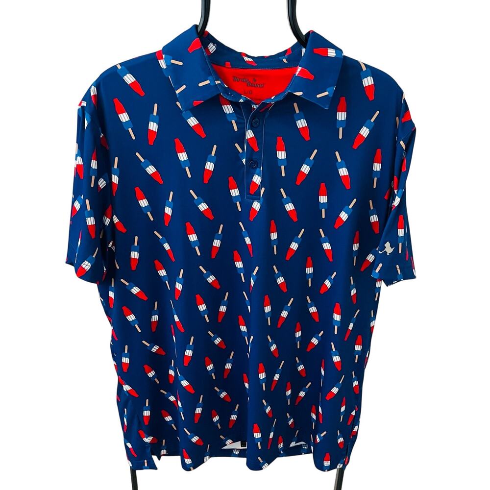 Birdie Bound Men’s Golf Polo Shirt Large L Bomb Pop Firecracker Popsicle Navy